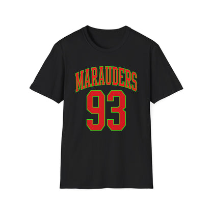 Black t-shirt with green and red "Marauders 93" text graphic.