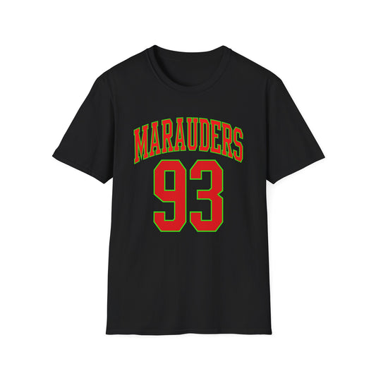 Black t-shirt with green and red "Marauders 93" text graphic.