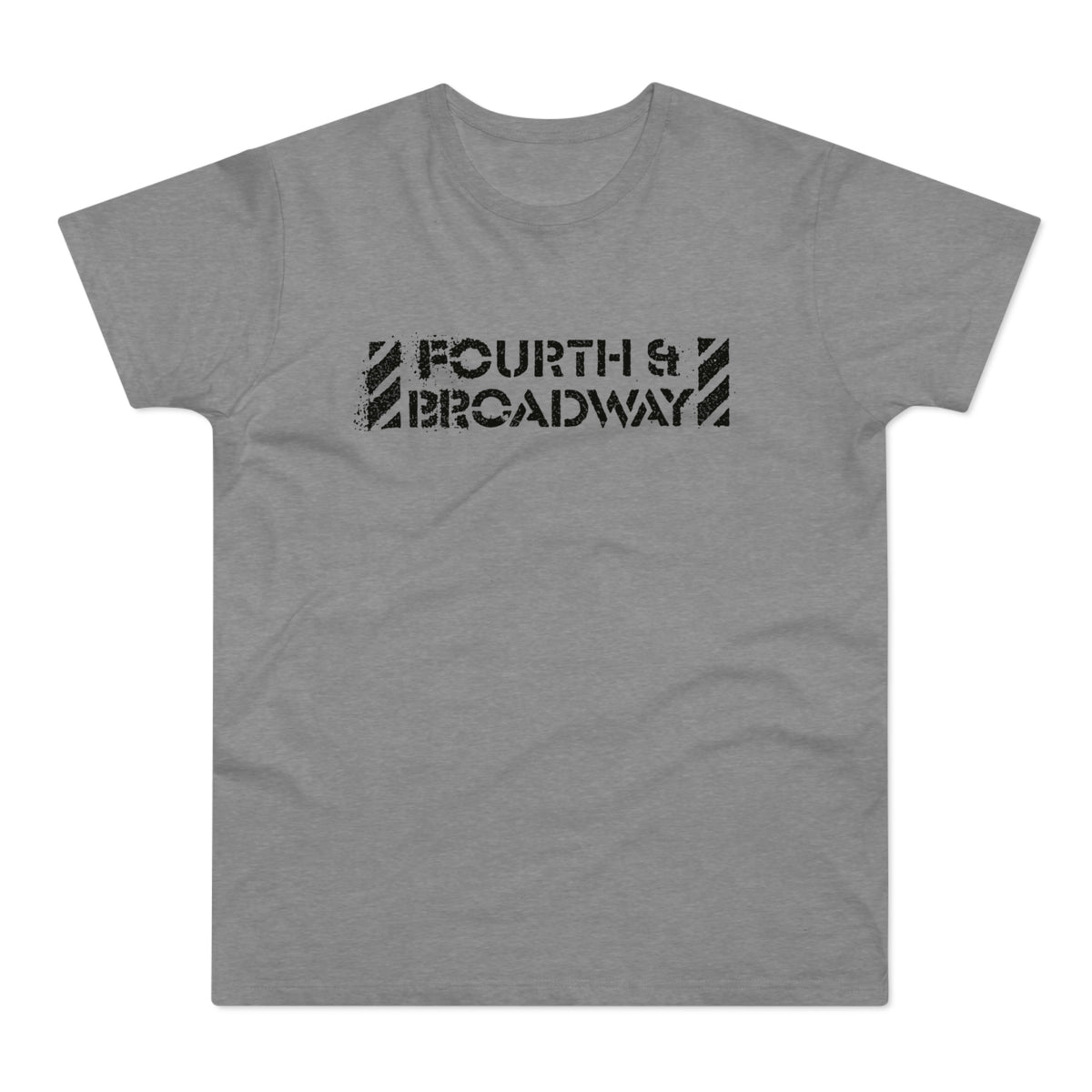 Grey t-shirt with black distressed "FOURTH & BROADWAY" text and diagonal stripes.