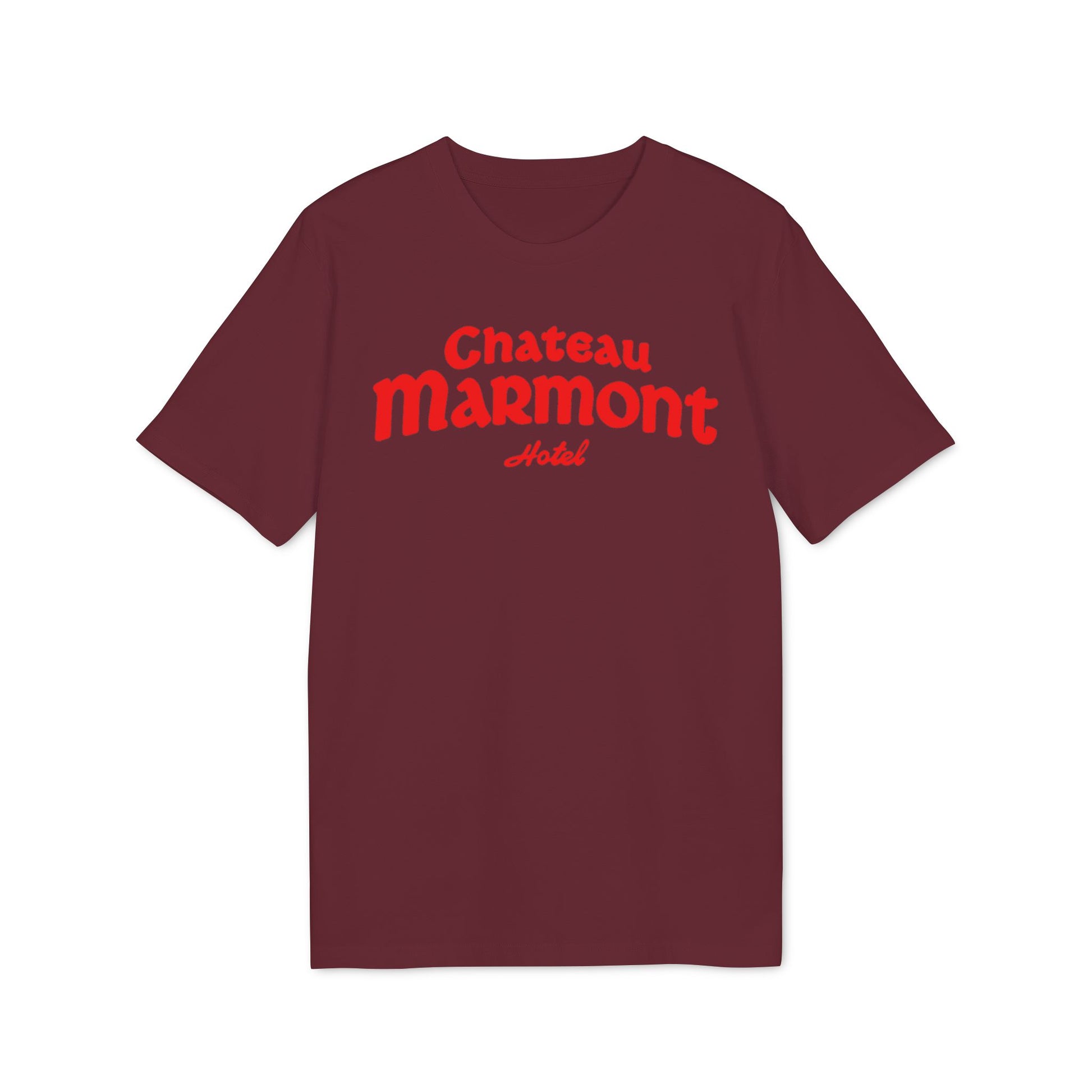 Maroon t-shirt with red Chateau Marmont Hotel text on front.