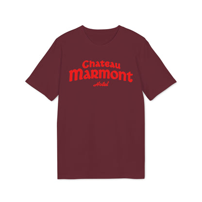 Maroon t-shirt with red Chateau Marmont Hotel text on front.