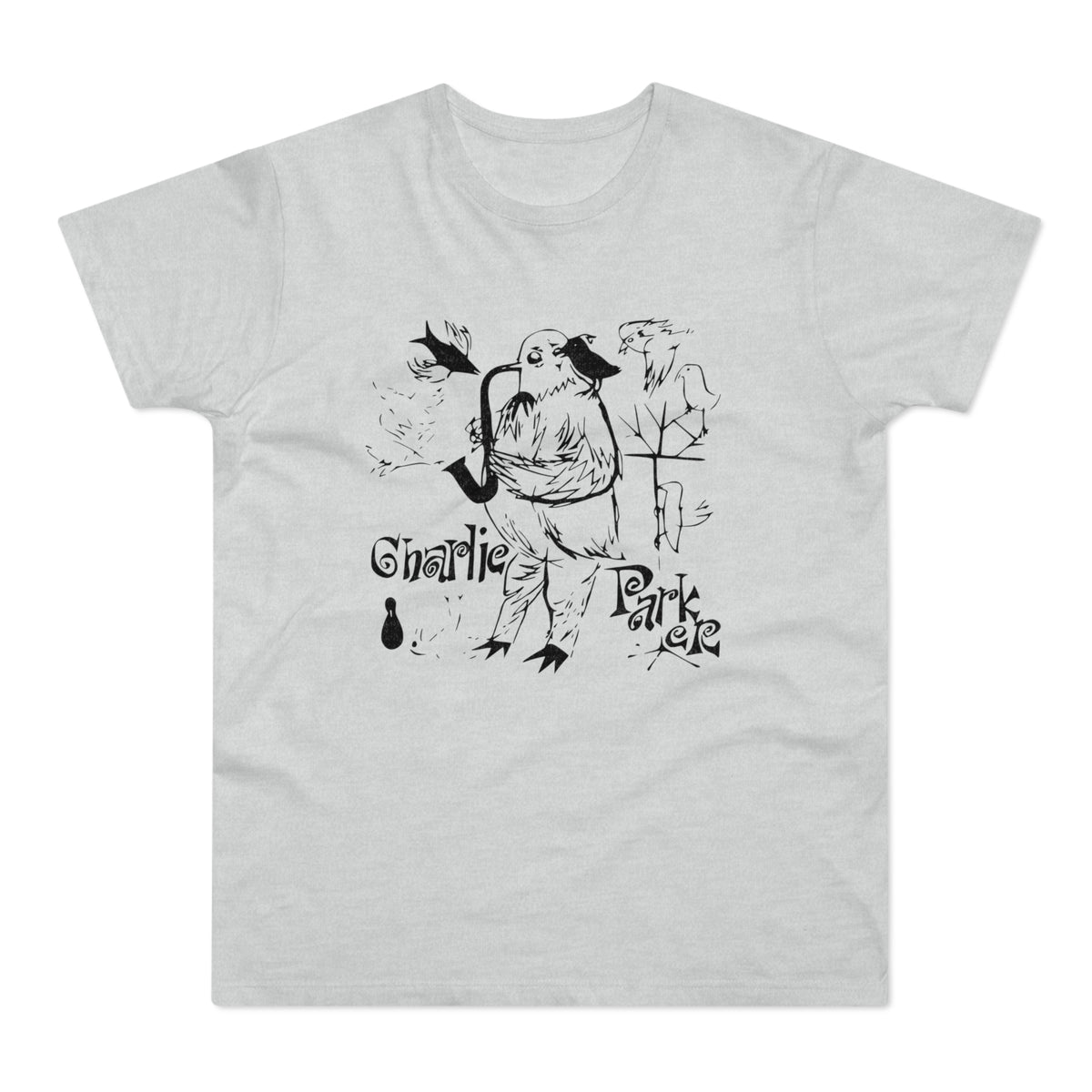 Bird playing saxophone with text "Charlie Parker" below on a light gray t-shirt.