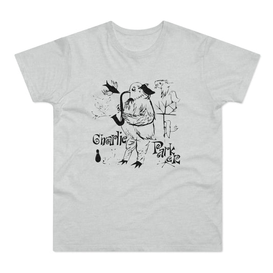 Bird playing saxophone with text "Charlie Parker" below on a light gray t-shirt.
