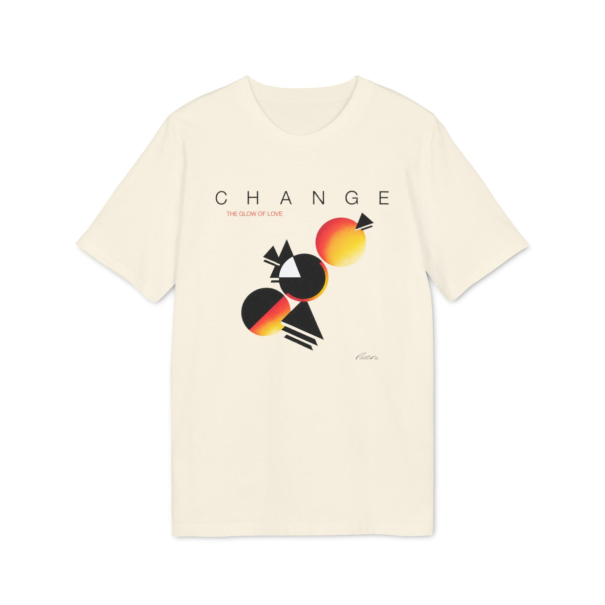 Off-white short-sleeved t-shirt featuring abstract geometric shapes and the text Change The Glow of Love.