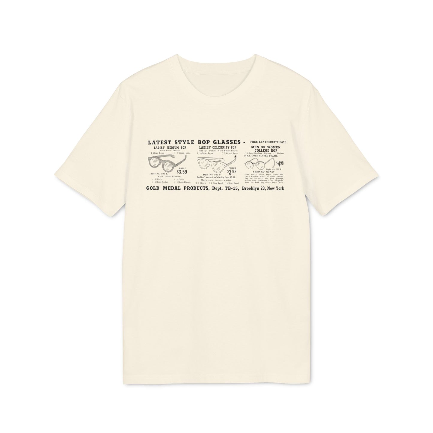 T-shirt featuring a print of vintage bop glasses styles and ordering information.