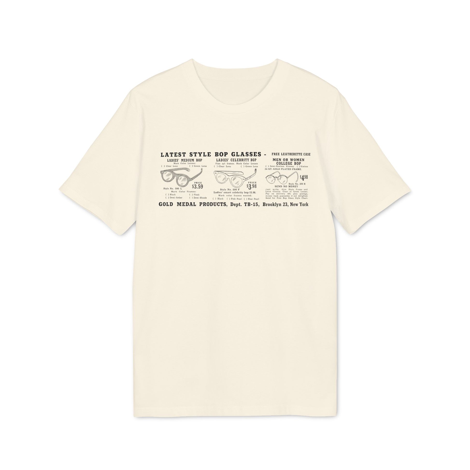 T-shirt featuring a print of vintage bop glasses styles and ordering information.