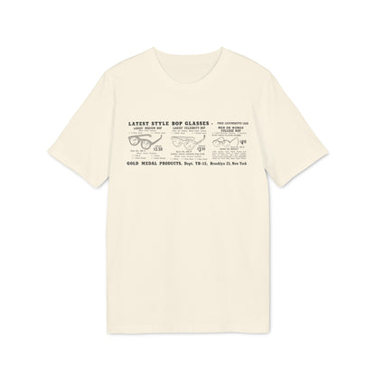 T-shirt featuring a print of vintage bop glasses styles and ordering information.