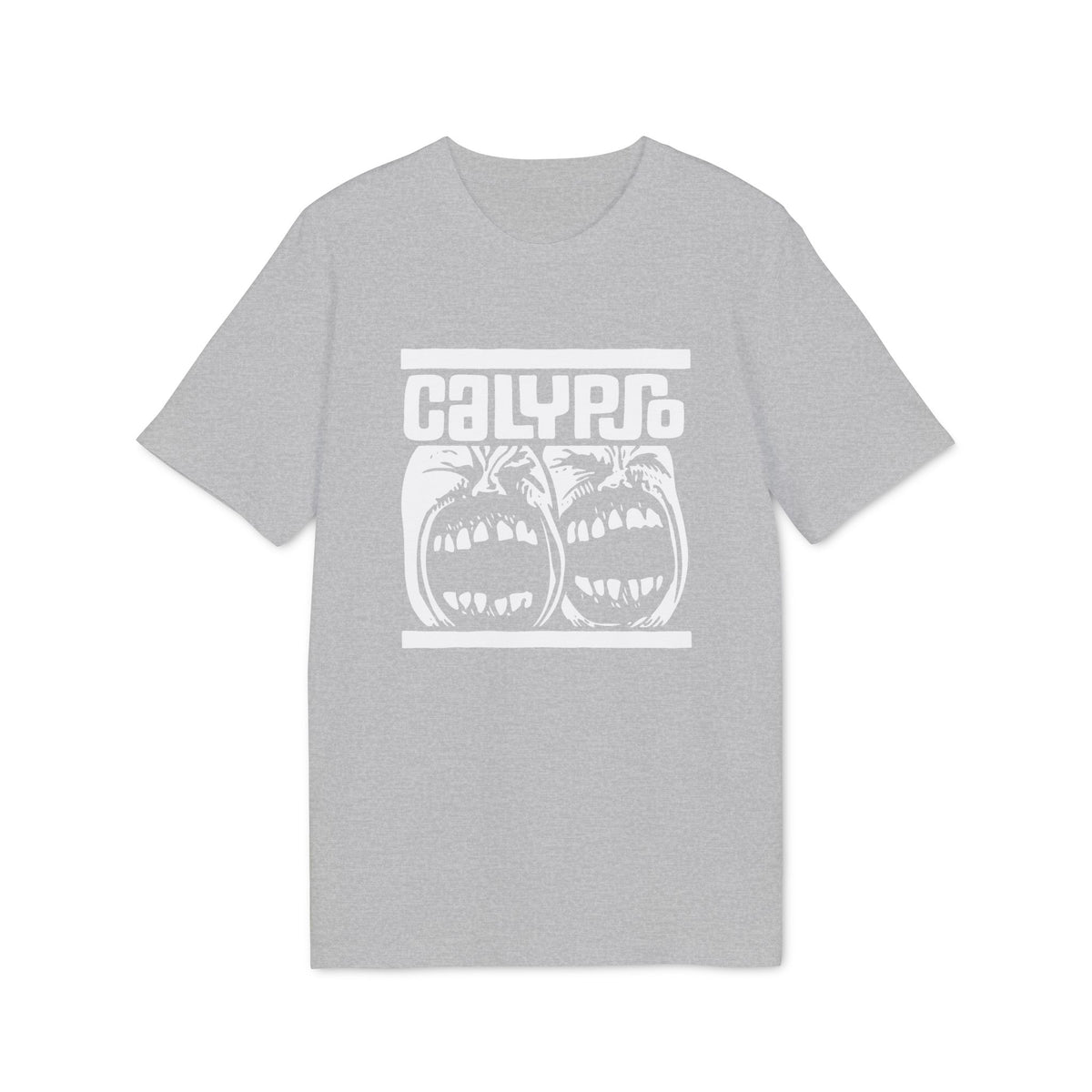 Heather gray short-sleeve t-shirt with a white graphic print of two screaming faces and the text Calypso.