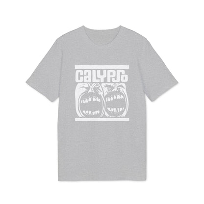 Heather gray short-sleeve t-shirt with a white graphic print of two screaming faces and the text Calypso.