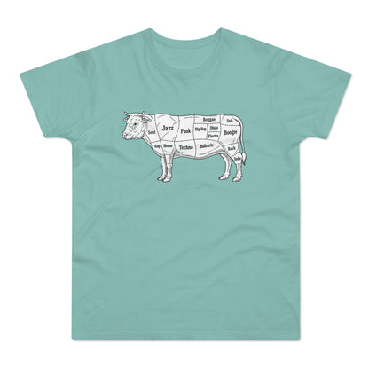 Line drawing of a cow with music genres labeled on different cuts.
