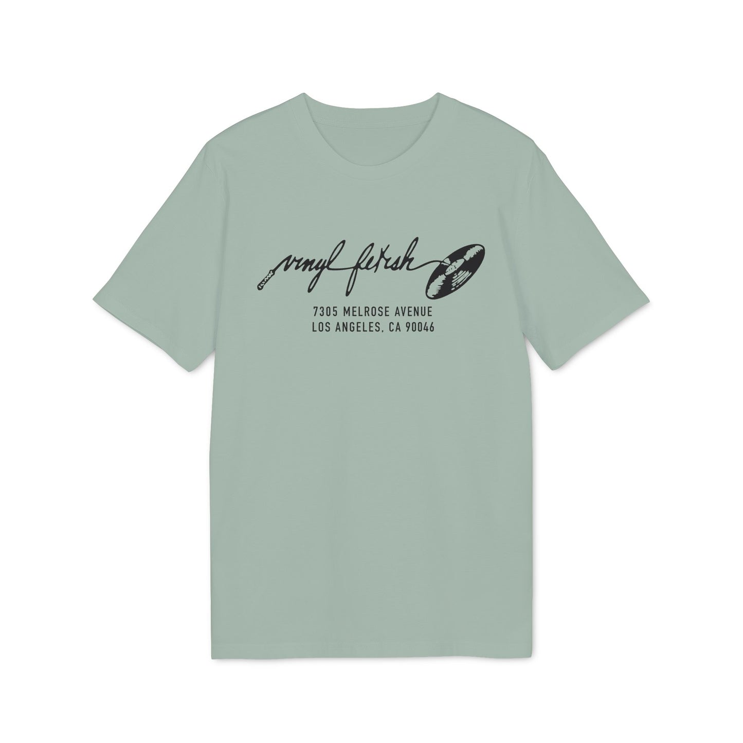 Light green t-shirt with black text and a record graphic.