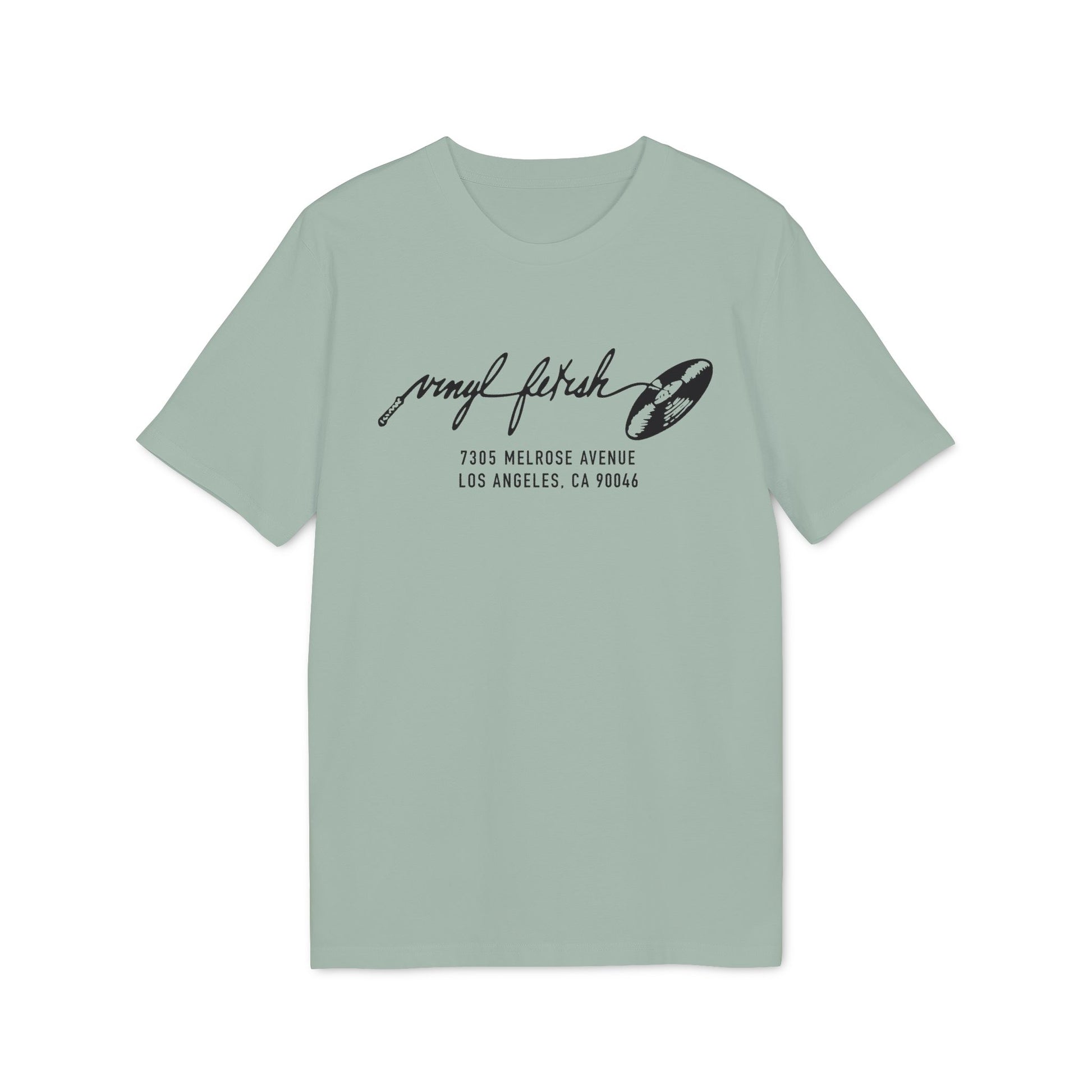 Light green t-shirt with black text and a record graphic.