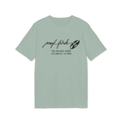 Light green t-shirt with black text and a record graphic.
