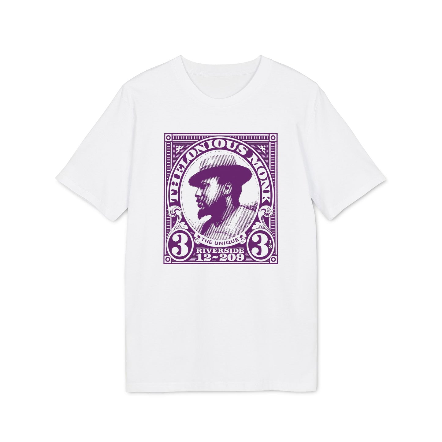 White t-shirt with purple Thelonious Monk "stamp" graphic, "The Unique Riverside 12-209".