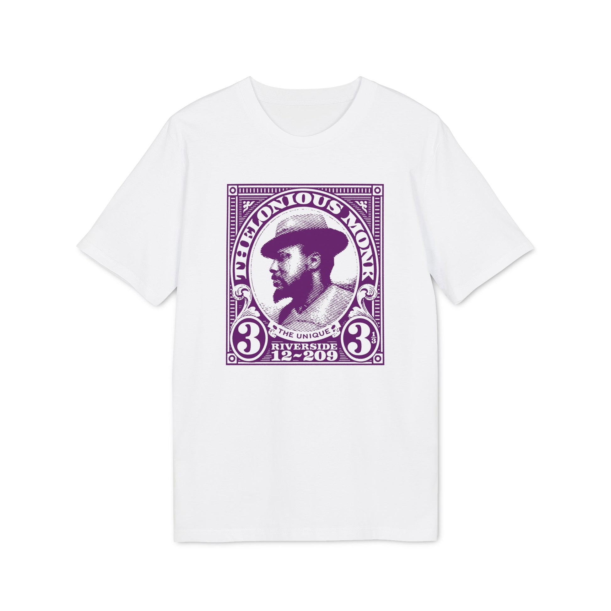 White t-shirt with purple Thelonious Monk "stamp" graphic, "The Unique Riverside 12-209".