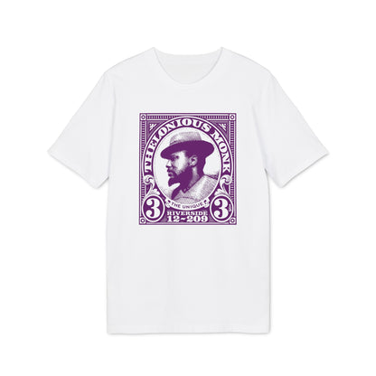 White t-shirt with purple Thelonious Monk "stamp" graphic, "The Unique Riverside 12-209".