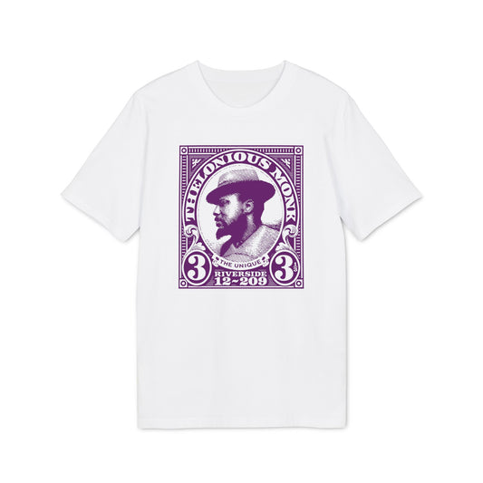 White t-shirt with purple Thelonious Monk "stamp" graphic, "The Unique Riverside 12-209".