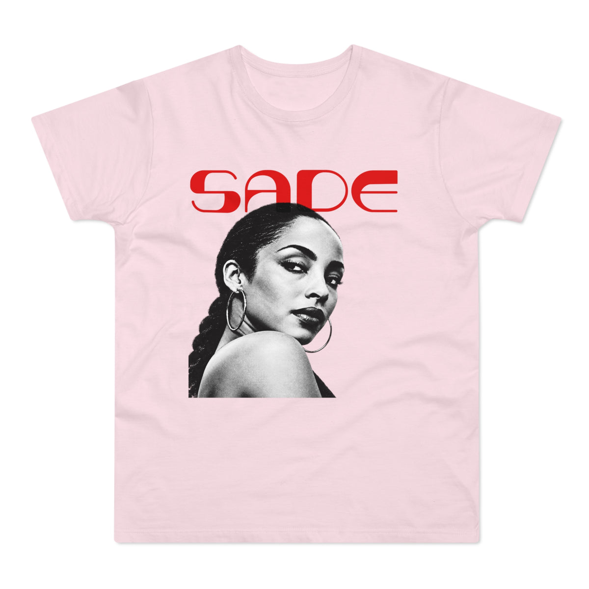 Pink t-shirt with black and white Sade portrait and red SADE logo.