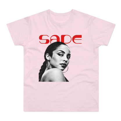 Pink t-shirt with black and white Sade portrait and red SADE logo.