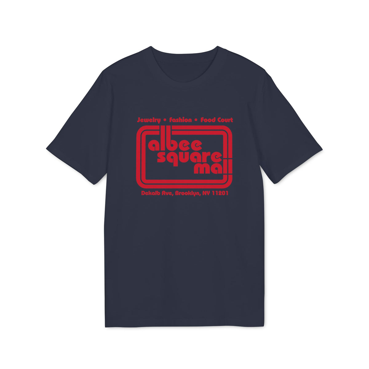 Dark blue t-shirt featuring a red retro Albee Square Mall logo centered on the chest.