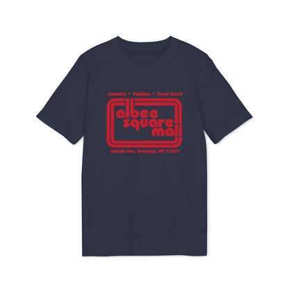 Dark blue t-shirt featuring a red retro Albee Square Mall logo centered on the chest.