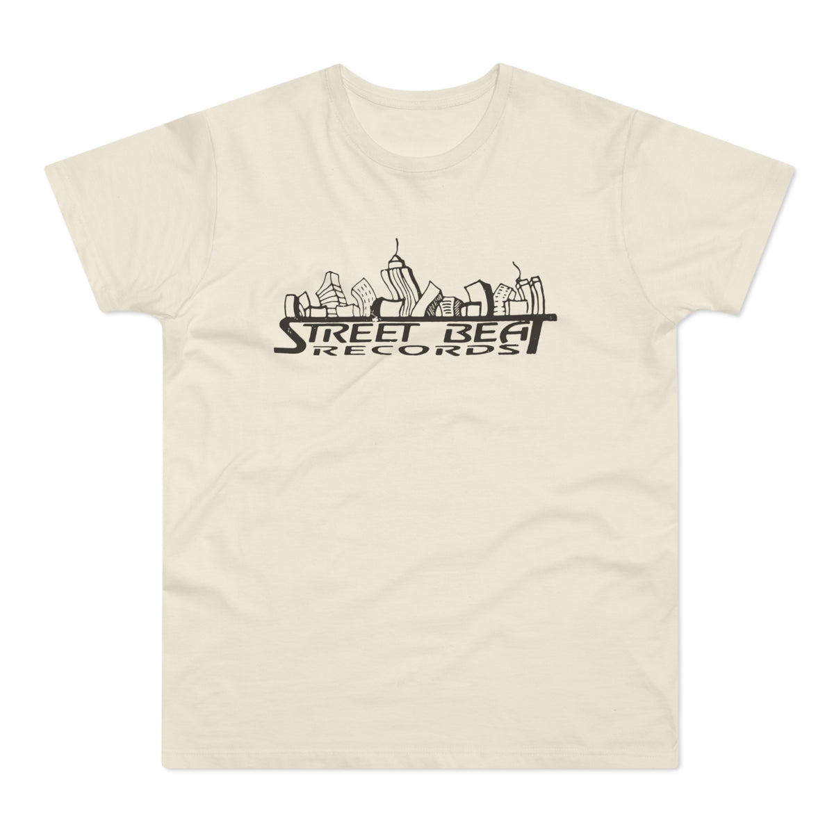 Cream t-shirt with black "STREET BEAT RECORDS" text and city skyline graphic.