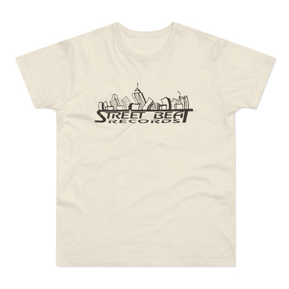 Cream t-shirt with black "STREET BEAT RECORDS" text and city skyline graphic.
