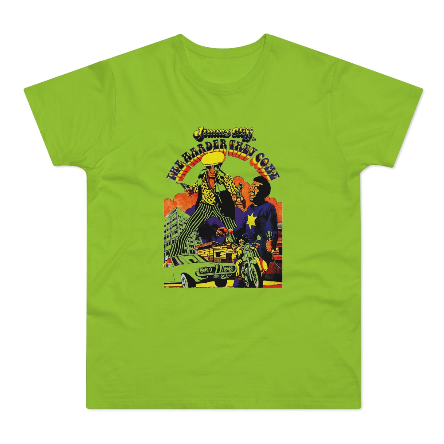 Jimmy Cliff "The Harder They Come" graphic with men, car, motorcycle, and buildings.