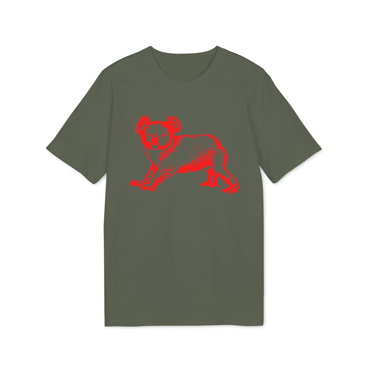 Dark green crewneck t-shirt featuring a red graphic print of a koala on the front.