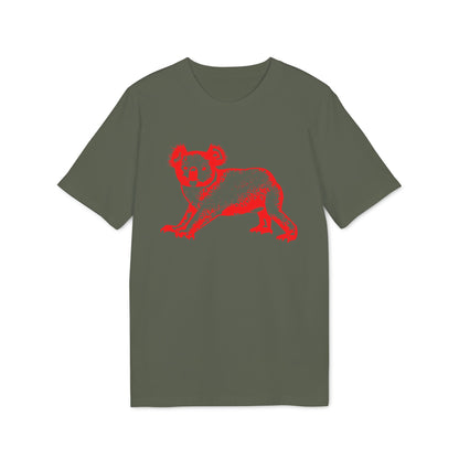 Dark green crewneck t-shirt featuring a red graphic print of a koala on the front.