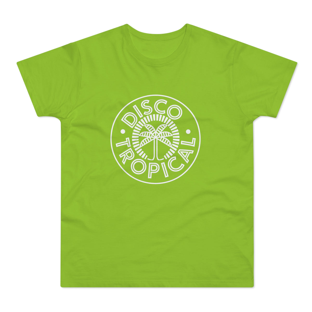 Lime green t-shirt with white "Disco Tropical" text and palm tree graphic.