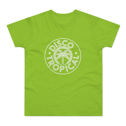 Lime green t-shirt with white "Disco Tropical" text and palm tree graphic.