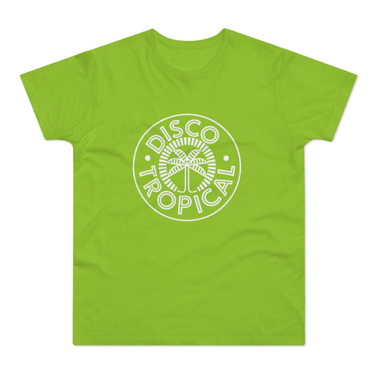 Lime green t-shirt with white "Disco Tropical" text and palm tree graphic.