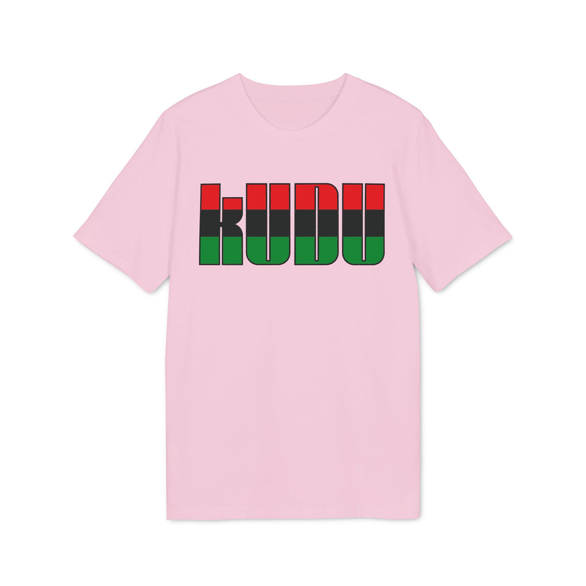 A light pink short-sleeved t-shirt features the word KUDU printed on the chest in red, black, and green stripes.
