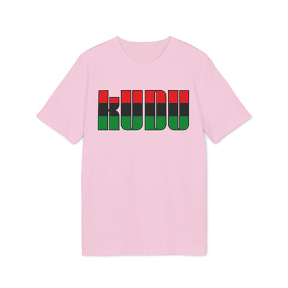 A light pink short-sleeved t-shirt features the word KUDU printed on the chest in red, black, and green stripes.