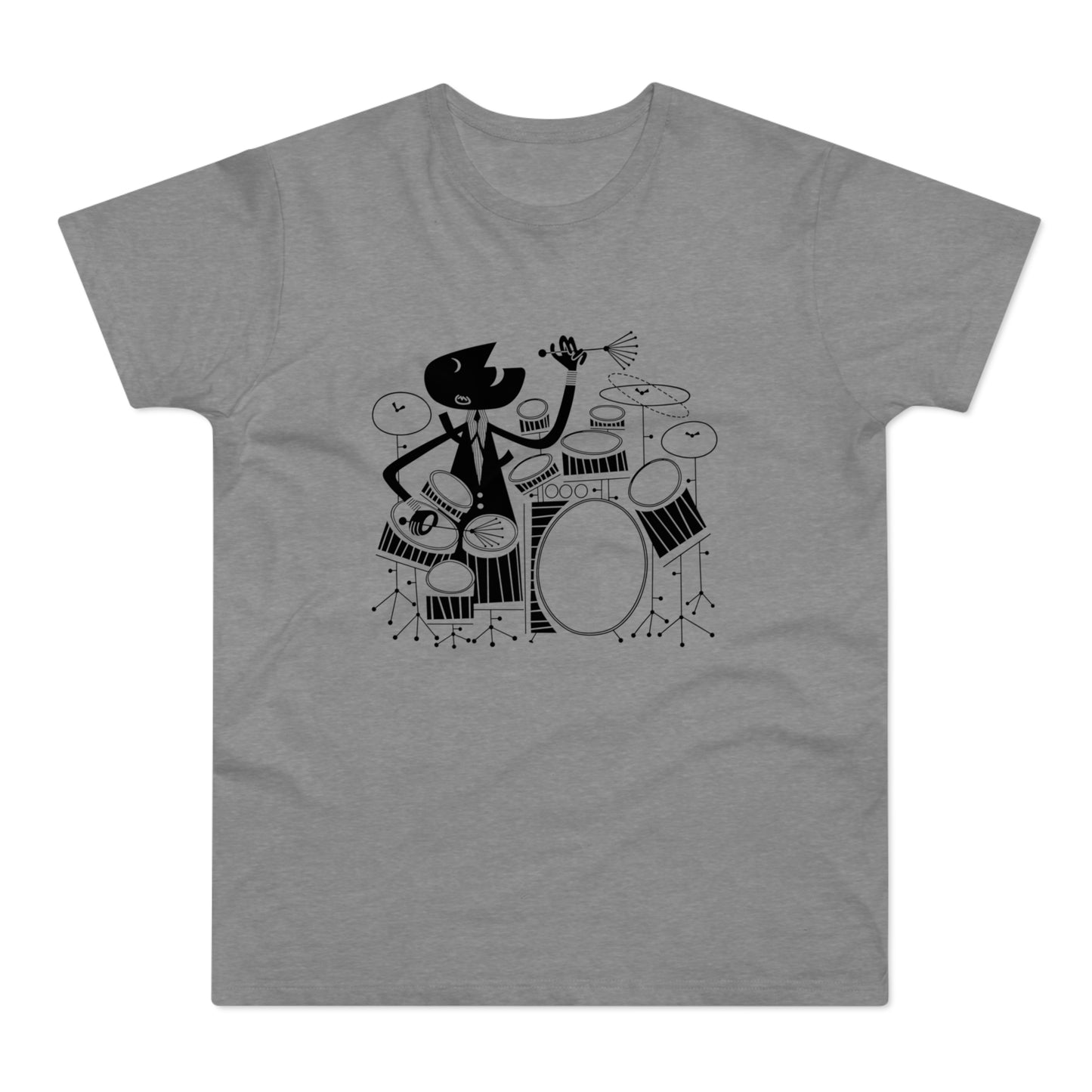 Black illustration of a cartoon musician playing drums on a grey t-shirt.