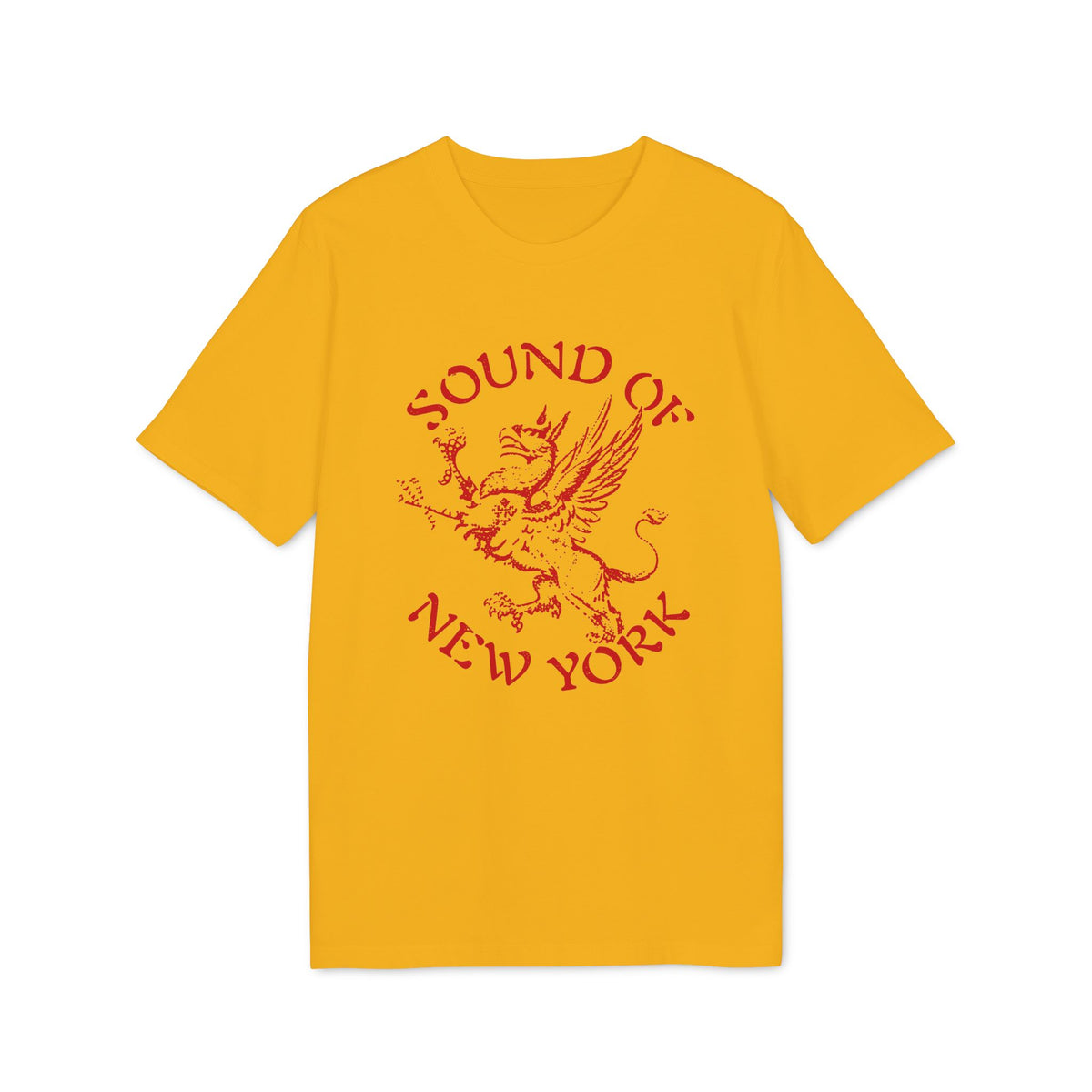 Golden yellow short-sleeved t-shirt with a red griffin graphic and the text Sound of New York.