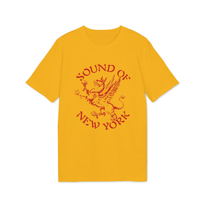 Golden yellow short-sleeved t-shirt with a red griffin graphic and the text Sound of New York.
