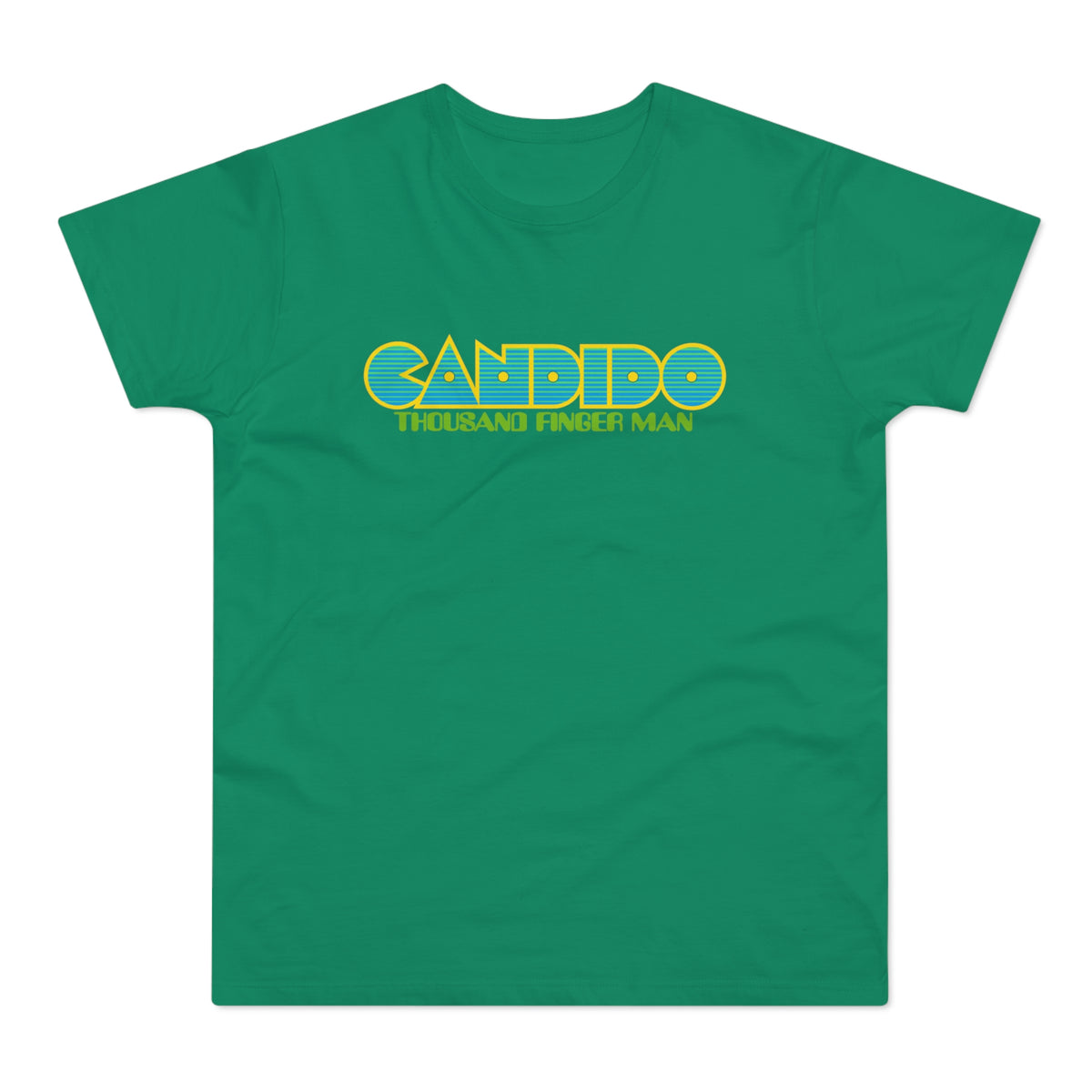 Green t-shirt with "CANDIDO THOUSAND FINGER MAN" text in yellow and blue.