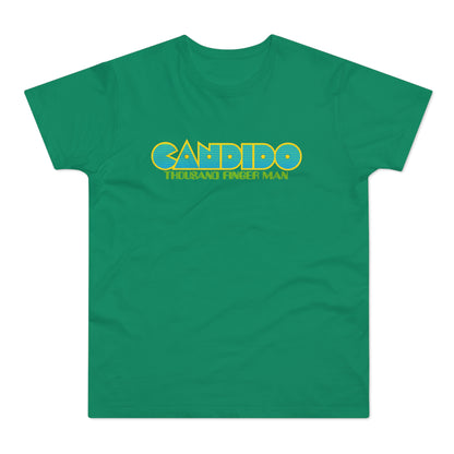 Green t-shirt with "CANDIDO THOUSAND FINGER MAN" text in yellow and blue.