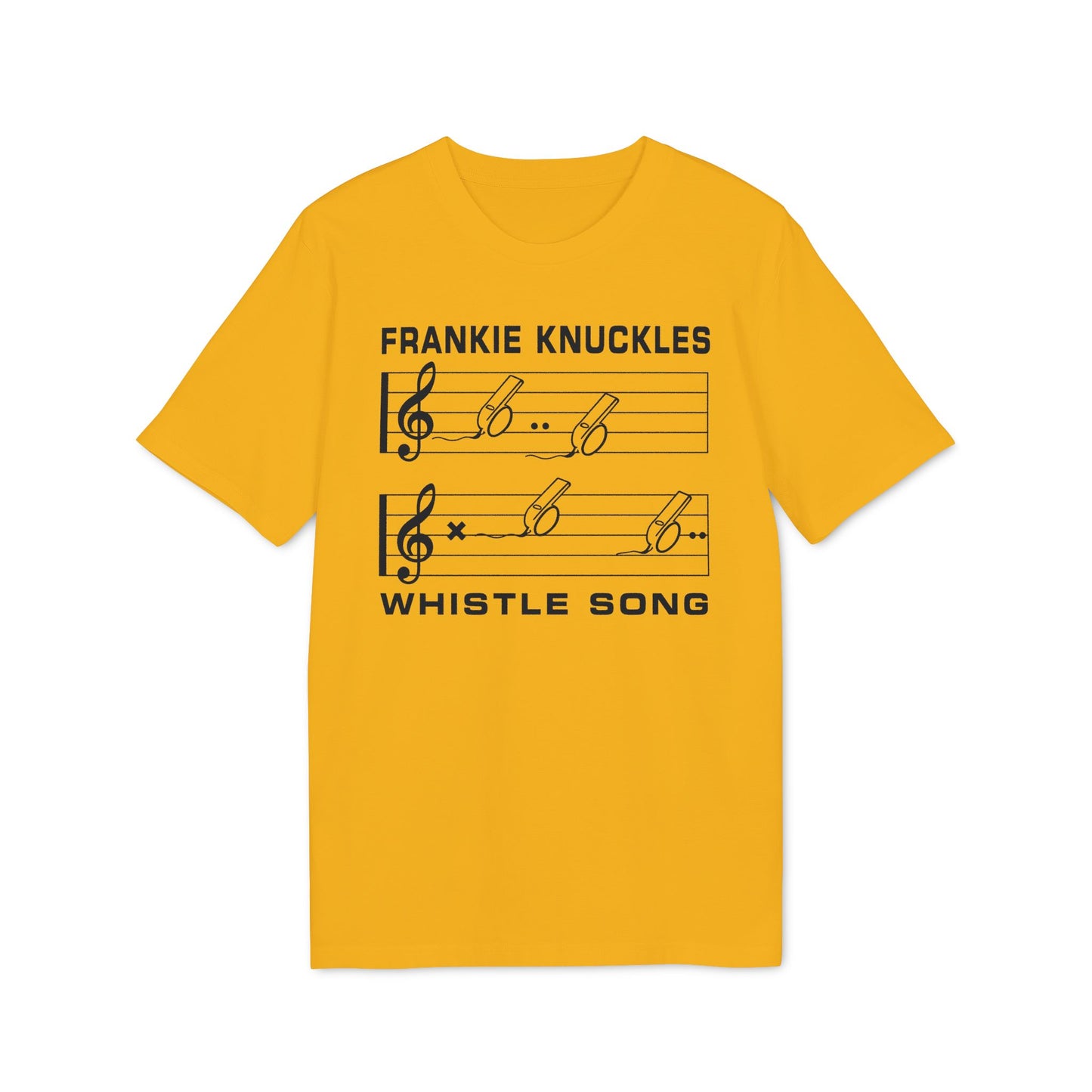 Frankie Knuckles Whistle Song graphic on a yellow t-shirt.