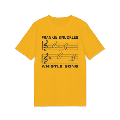 Frankie Knuckles Whistle Song graphic on a yellow t-shirt.