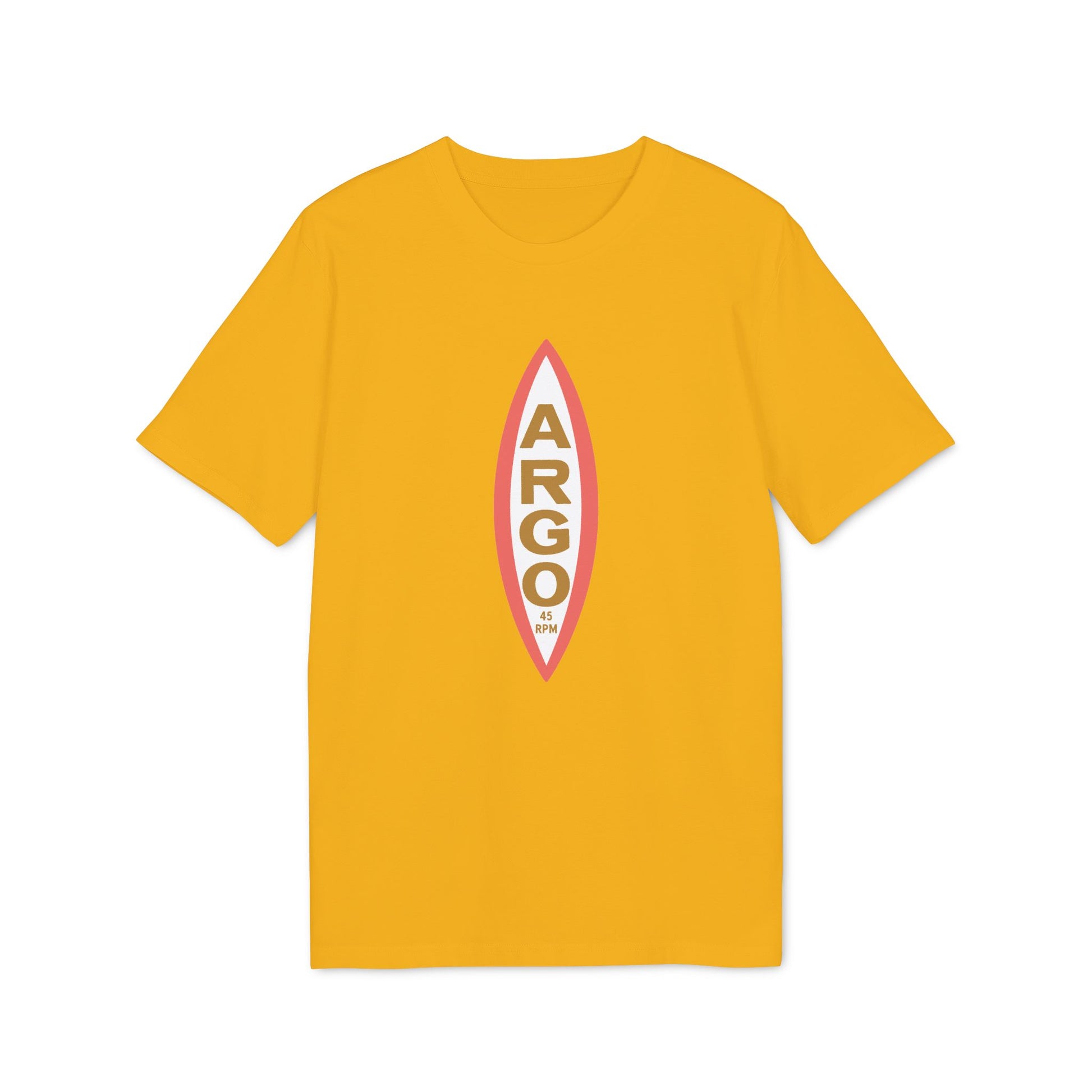 Yellow t-shirt with a vertical ARGO 45 RPM logo inside an oval.