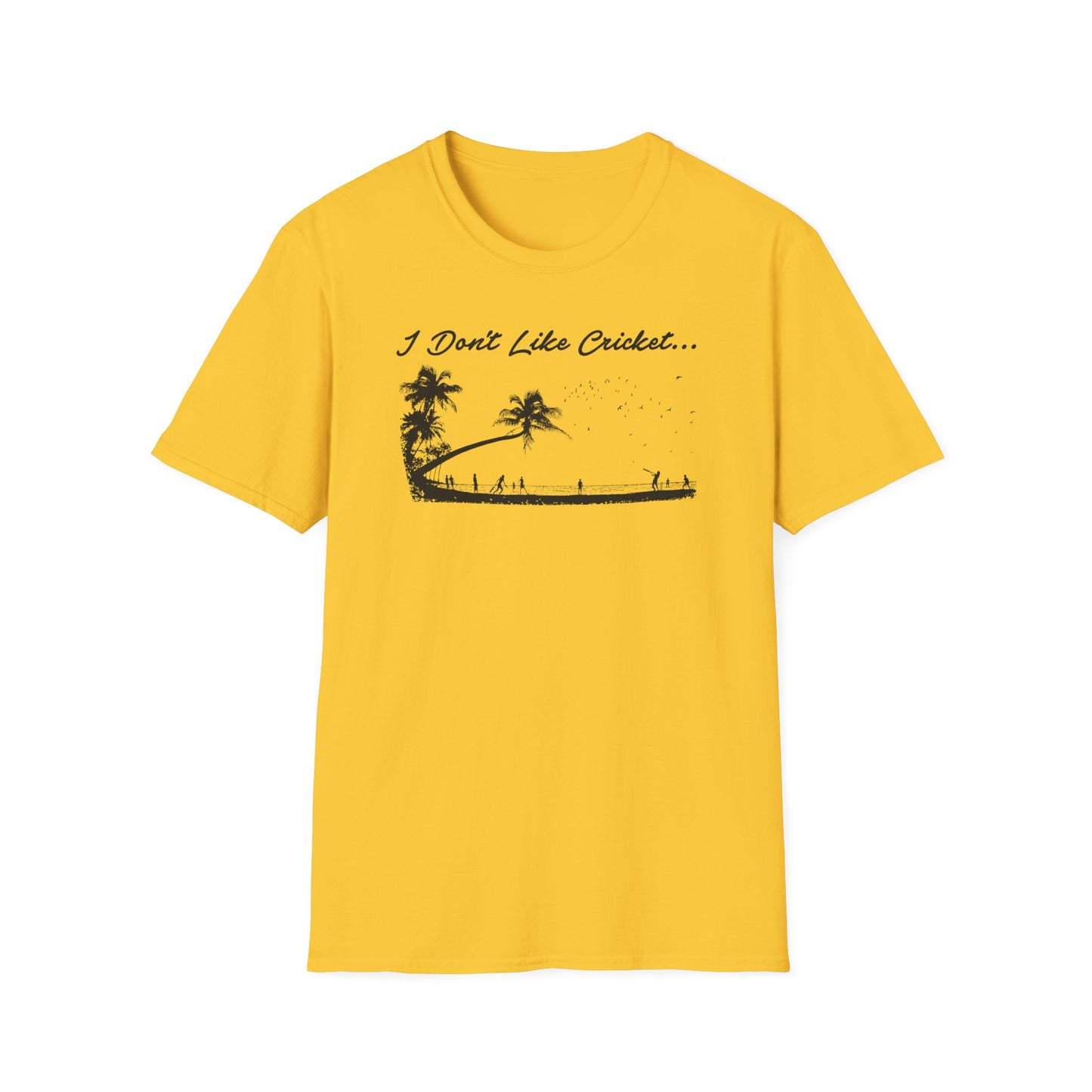 Yellow t-shirt with black graphic, "I Don't Like Cricket..." and beach volleyball scene.
