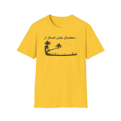 Yellow t-shirt with black graphic, "I Don't Like Cricket..." and beach volleyball scene.