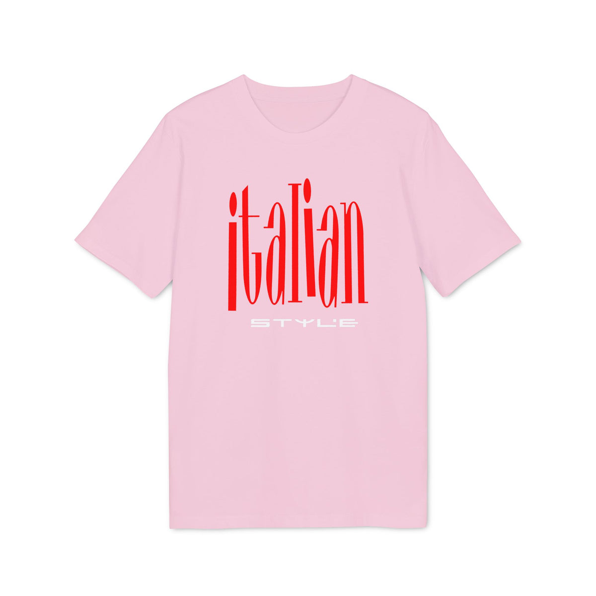 A short-sleeve light pink t-shirt with the red text "Italian Style" printed on the chest.