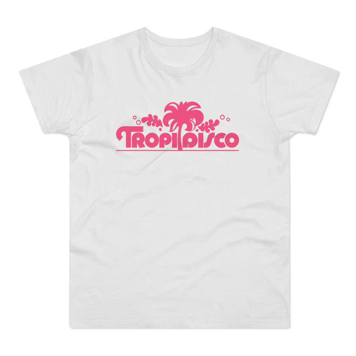 White t-shirt with pink "Tropi Disco" text and palm tree graphic.