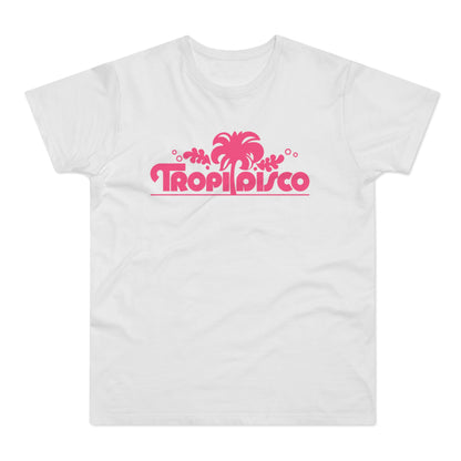 White t-shirt with pink "Tropi Disco" text and palm tree graphic.
