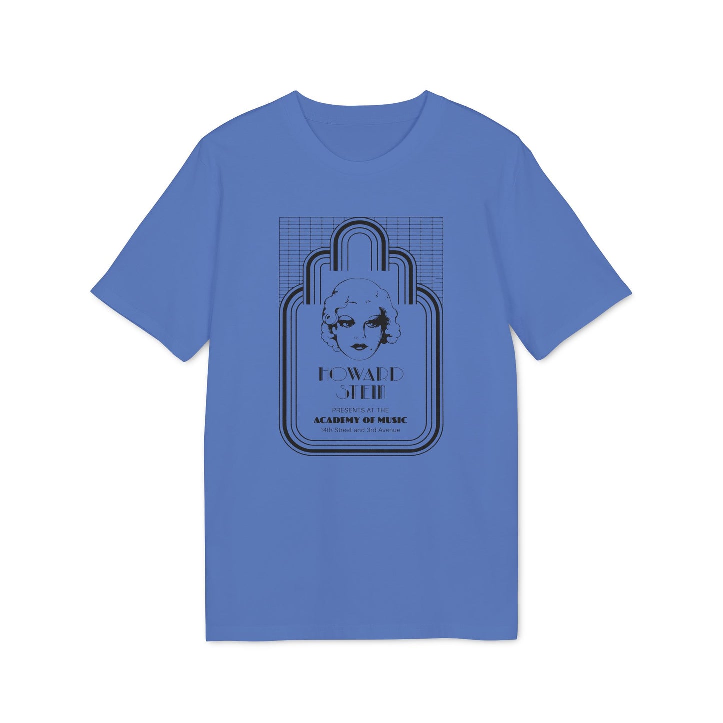 Blue t-shirt with a black graphic featuring a woman's face and text.