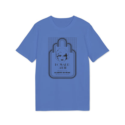 Blue t-shirt with a black graphic featuring a woman's face and text.